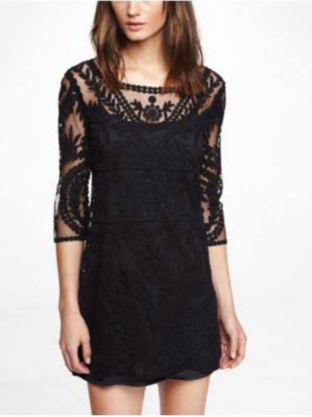 Express Black Lace Shift Dress XS Sheer Long Sleeve Romantic Goth Cocktail Mini